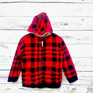 Lands End Red & Black Flannel Fleece Lined Zip Up Hooded Jacket Size 4t